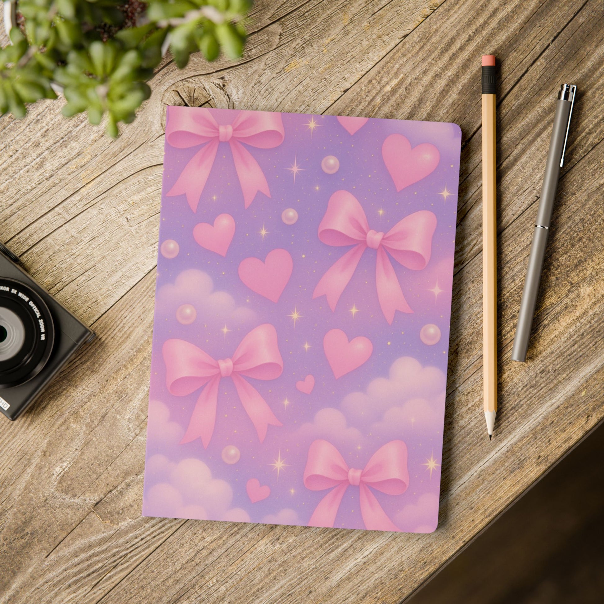 Cute Bow-Print Softcover Journal, Pastel Kawaii Notebook, Motivational Writing Gift, Teen Journal, Birthday Gift, Daily Planner