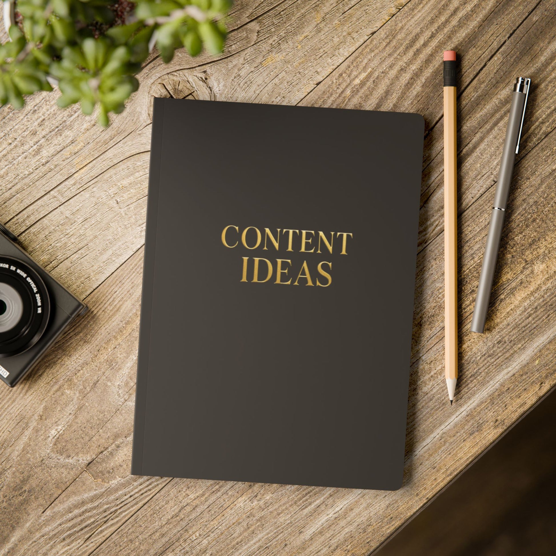 Softcover Journal solid black and gold “ Content Ideas” content journal